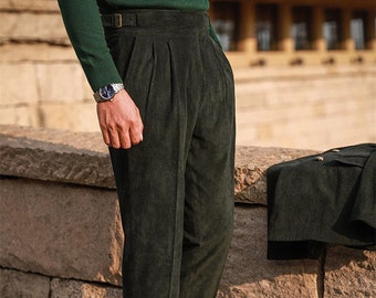 Pantaloni di velluto a coste larghi da uomo, pantaloni di velluto a coste retrò autunnali, pantaloni classici di velluto a coste con pieghe, pantaloni Gurkha di velluto a coste con vita regolabile