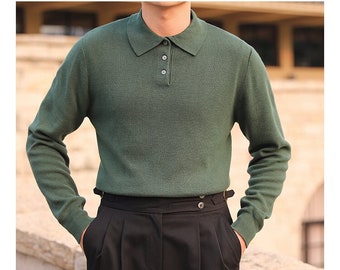 Vintage Solid Knitted Sweater, Men Casual Long Sleeve Polo, Autumn Winter Soft Cotton Pullover Polo, Stretch Knitted Polo Sweater