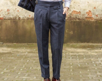 Men Loose Wool Pants, Autumn Wool Trousers with Pleats, Simple Solid Tweed Suit Pants, Gurkha Tweed Pants Adjustable Waist, Plus Size Pants