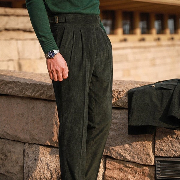 Men Loose Corduroy Pants, Autumn Retro Corduroy Pants, Classic Corduroy Trousers with Pleats, Corduroy Gurkha Pants with Adjustable Waist