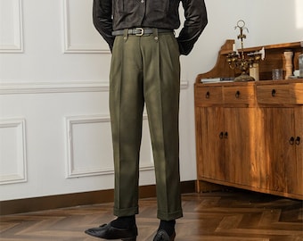 vintage Pantalon ample en tweed pour homme, Pantalon décontracté en tweed avec plis, Pantalon automne confortable en coton, Pantalon gurkha boutons taille haute