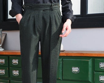 Vintage Wool Pants with Pleats, Autumn Men Wool Pants, Loose Wool Cotton Trousers, Plus Size Wool Pants, Gurkha Wool Pants Multi Sizes