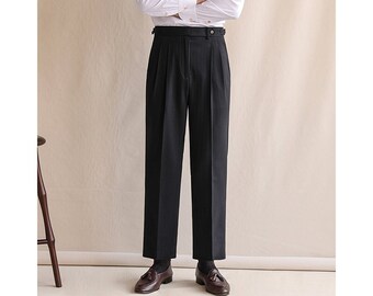 Black Soft Wool Pants, Men Wool Pants With Pleats, Casual Wide Leg Wool Trousers, High Waist Gurkha Wool Pants, Groom Suit Wool Pants