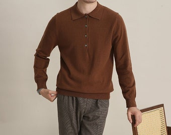 Brown Wool Pullover Sweater, Men Soft Wool Long Sleeve Shirt, Vintage Button Wool Pullover Polo, Autumn Winter Stretch Wool Top