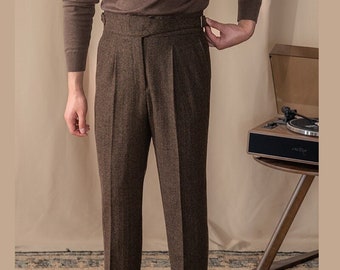 Men Casual Wool Pants, Autumn Warm Wool Pants with Pleats, Vintage Textured Wool Trousers, High Waisted Gurkha Wool Pants