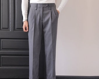 Men Warm Tweed Pants, Autumn Winter Thickened Tweed Trousers, Loose Tweed Pants with Pleats, Vintage High Waisted Gurkha Pants