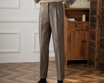 Loose Men Tweed Pants, Autumn Winter Thick Tweed Cotton Pants, Casual Tweed Pants with Pleats, Vintage High Waisted Gurkha Trousers