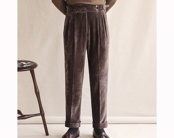 Men Casual Corduroy Pants, Vintage Button Corduroy Pants, Autumn Winter Corduroy Cotton Trousers, Gurkha Corduroy Pants with Pleats