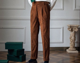 Retro Men Corduroy Pants, Autumn Winter Corduroy Trousers with Pleats, Classic Loose Corduroy Pants, Adjustable Waist Gurkha Corduroy Pants