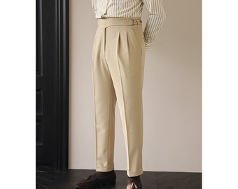 Pantalon en coton simple 4 couleurs, Pantalon ample en coton pour hommes automne, Pantalon décontracté en coton avec plis, Pantalon gurkha vintage avec taille réglable