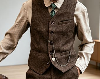 Mens Vintage Herringbone Tweed Vest,V Neck Sleeveless Wool Waistcoat,Multi Pocket Retro Formal Dress Gilet,Wedding Business Daily Wear