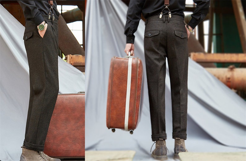 Classic Simple Wool Pants, Men Wool Pants With Pleats, Autumn Loose