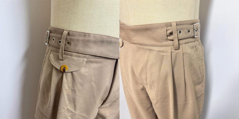 Puede incluir: Un pantal&oacute;n beige con cintur&oacute;n. El pantal&oacute;n tiene un bot&oacute;n en el bolsillo delantero y un ojal para el cintur&oacute;n en la cintura.