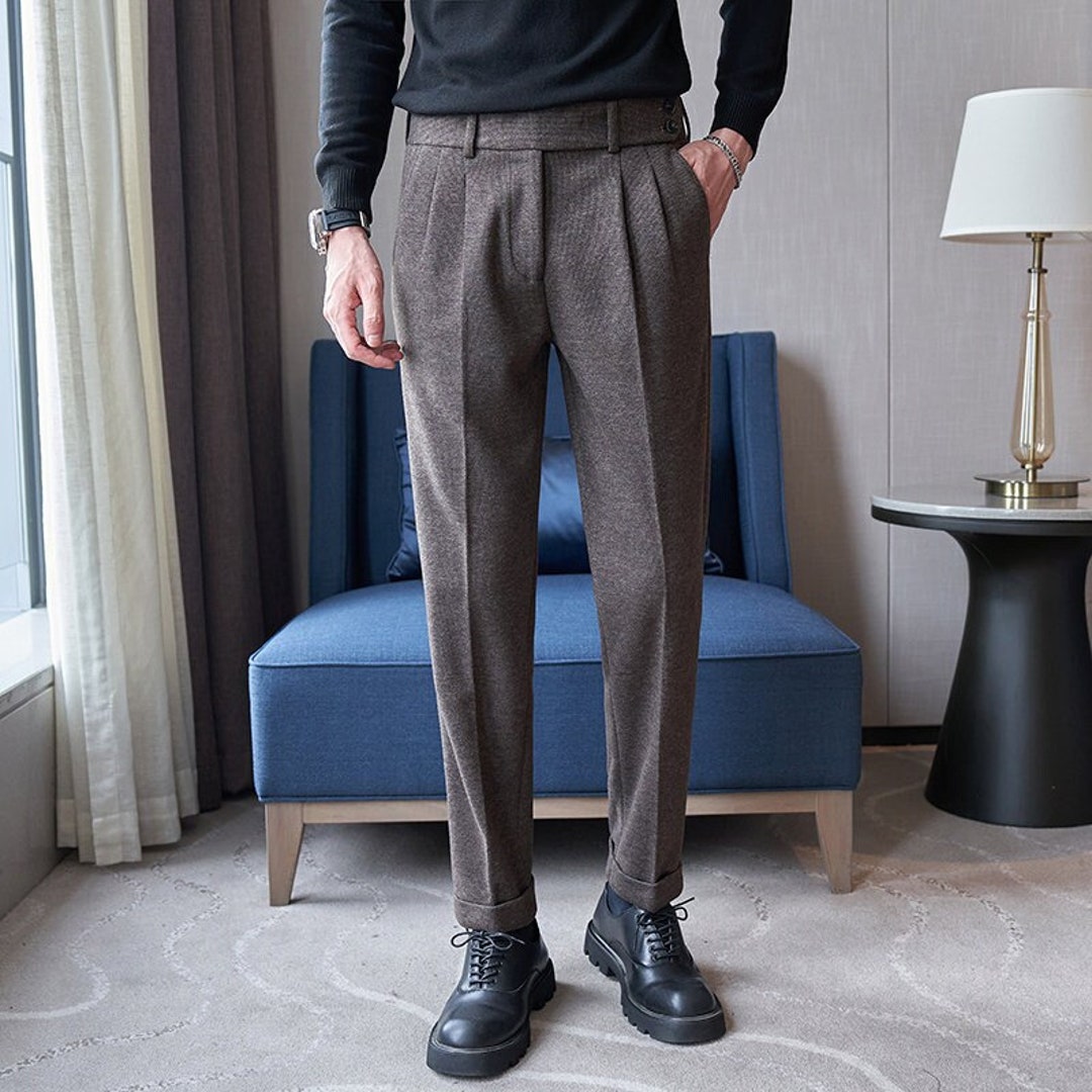 Men Vintage Wool Pants, Fall Winter Wool Pants With Pleats, Loose Wool