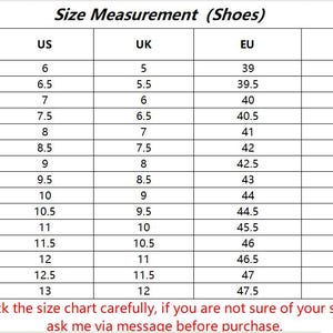 May include: Shoe size conversion chart showing foot length in centimeters, US, UK, EU, and CN sizes. The chart ranges from 24.0 cm to 31.0 cm.