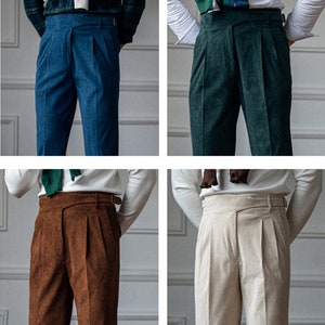 Retro Men Corduroy Pants, Autumn Winter Corduroy Trousers with Pleats, Classic Loose Corduroy Pants, Adjustable Waist Gurkha Corduroy Pants 画像 3