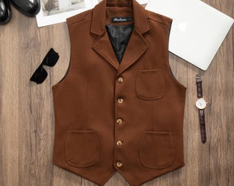 Brown Vintage Wool Vest, Autumn Winter Tweed Wool Waistcoat, Plus Size Men  Casual Collar Wool Vest, Groom Dress Wool Waistcoat with Pockets - Main Image