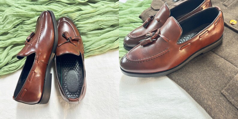 May include: Two pairs of brown leather tassel loafers. The loafers have a pointed toe and a slip-on design.