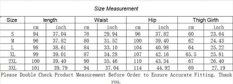 Puede incluir: Tabla de tallas para ropa con medidas en pulgadas y cent&iacute;metros. La tabla incluye las tallas S, M, L, XL, 2XL y 3XL. Se proporcionan medidas para la longitud, la cintura, la cadera y la circunferencia del muslo.