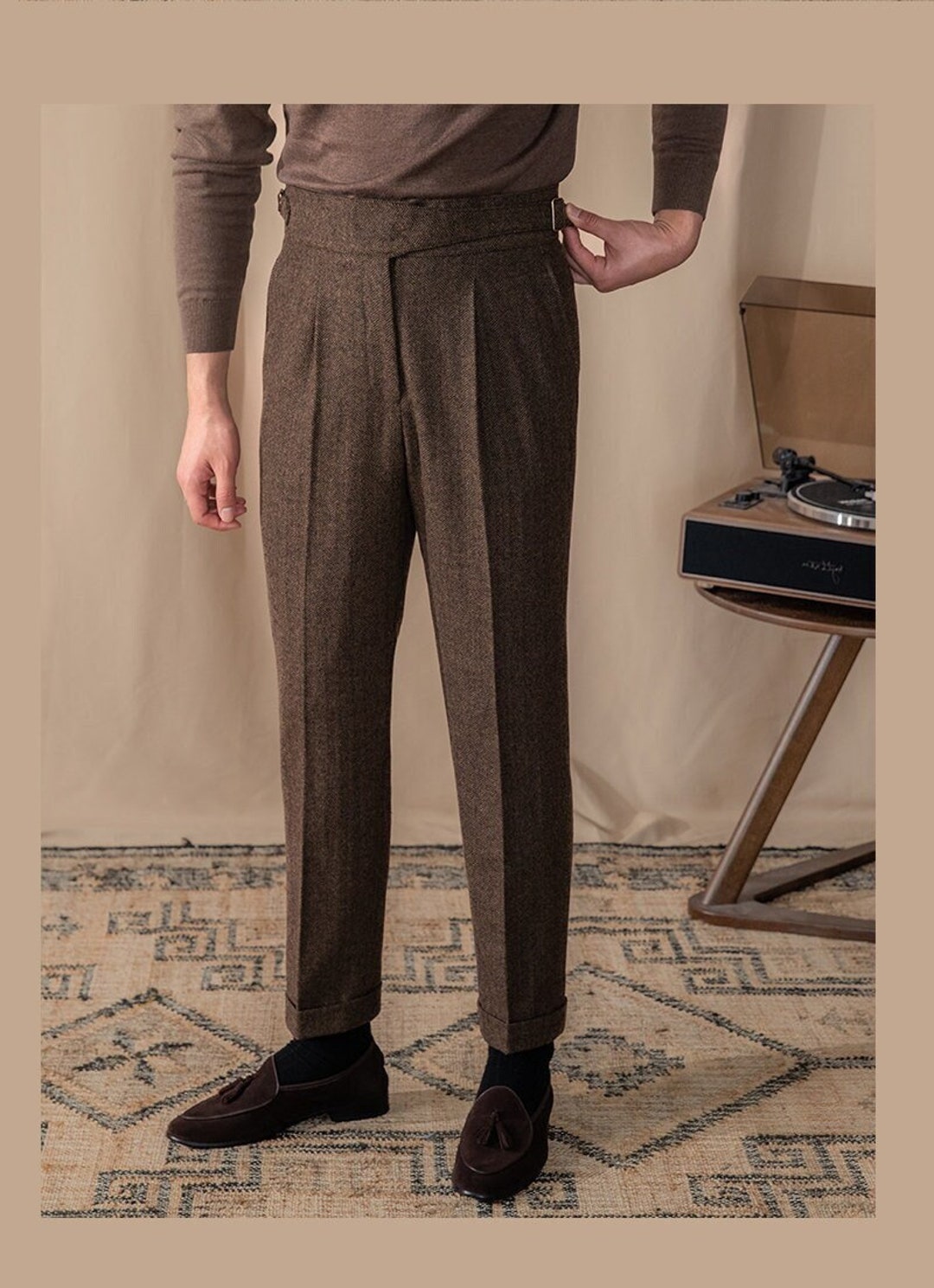 Men Casual Wool Pants, Autumn Warm Wool Pants With Pleats, Vintage