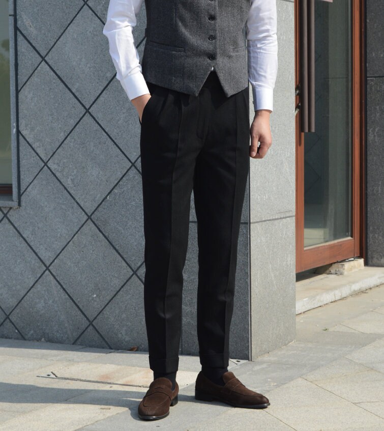 Autumn Simple Wool Pants, Men Vintage Wool Pants With Pleats, Loose