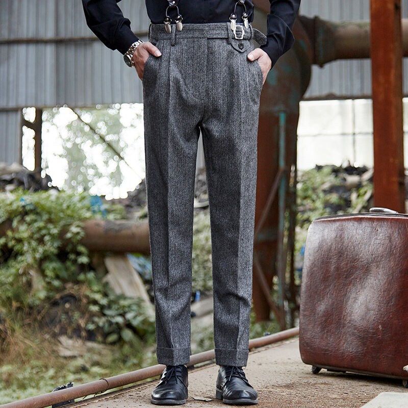 Classic Simple Wool Pants, Men Wool Pants With Pleats, Autumn Loose