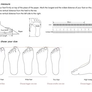 May include: Diagram showing how to measure your foot length and width using a piece of paper and a ruler. The diagram also shows different foot types and how to choose the right shoe size based on your foot type.  The ruler is marked in inches and centimeters.