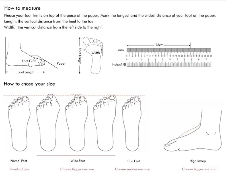 May include: Diagram showing how to measure your foot length and width using a piece of paper and a ruler. The diagram also shows different foot types and how to choose the right shoe size based on your foot type.  The ruler is marked in inches and centimeters.