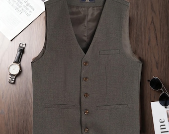 Chaleco informal, chaleco de lana vintage, chaleco de negocios ajustado, chaleco informal de lana para hombre, chaleco retro italiano con cuello en V, regalo para papá.