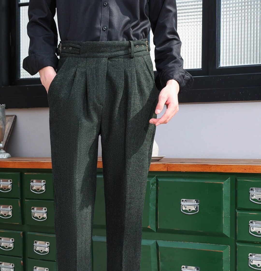 Vintage Wool Pants With Pleats, Autumn Men Wool Pants, Loose Wool