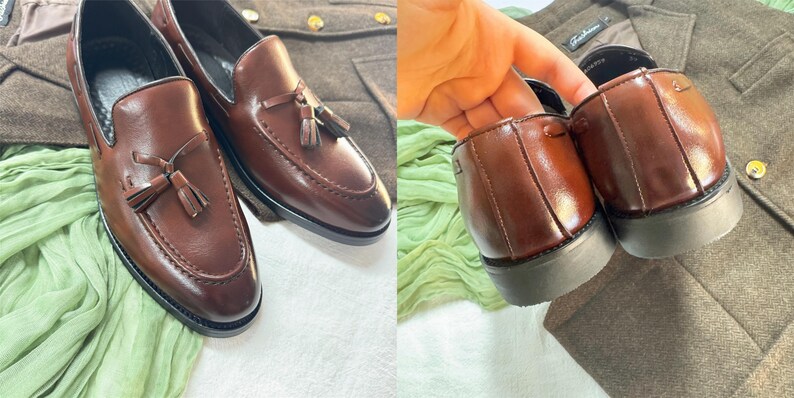 May include: Brown leather tassel loafers with a slip-on design. The shoes have a stitched detail around the toe and a tassel on the top.