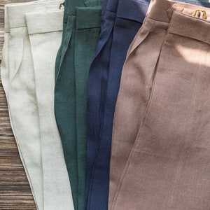 Men Loose Linen Pants, Casual Linen Pants with Pleats, Breathable Linen Trousers, High Waisted Gurkha Linen Pants, 100% Linen Pants Dark Green