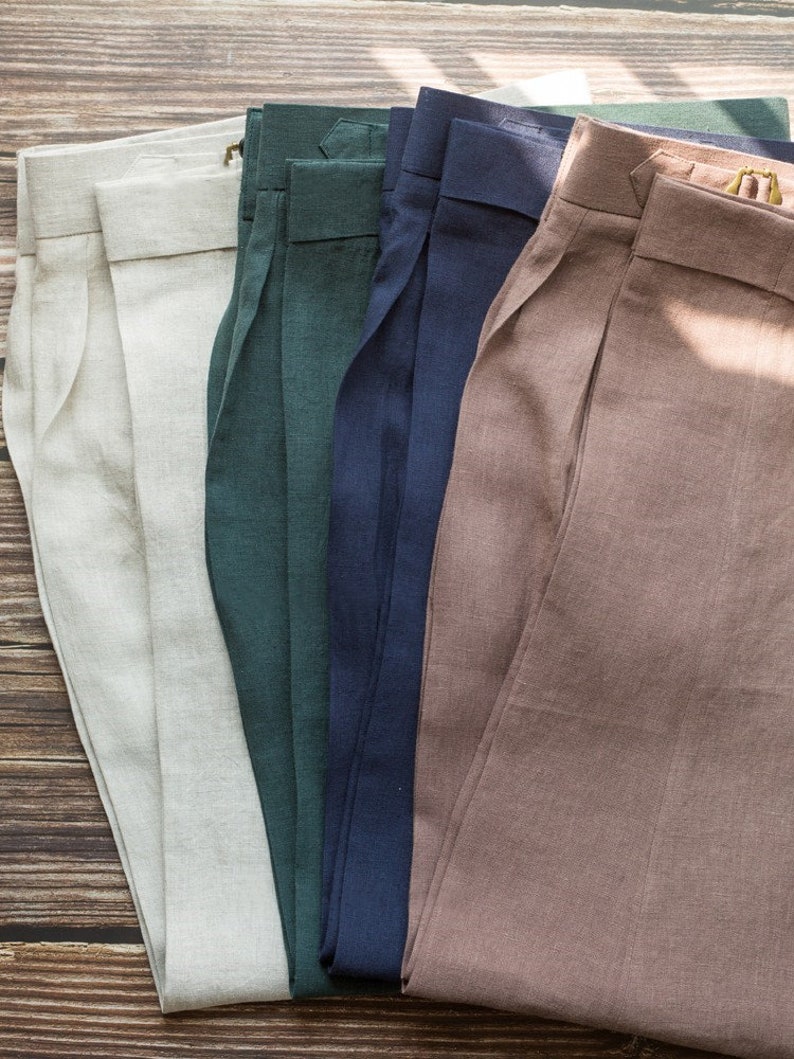 Men Loose Linen Pants, Casual Linen Pants with Pleats, Breathable Linen Trousers, High Waisted Gurkha Linen Pants, 100% Linen Pants Dark Green