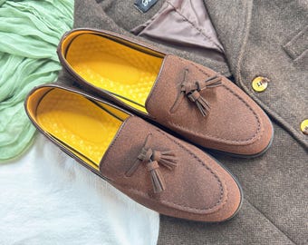 Tassel Suede Loafers, Spring Summer Men Loafers, Casual Business Shoes, Men's Banquet Dress Shoes, Handmade Comfort Suede Shoes