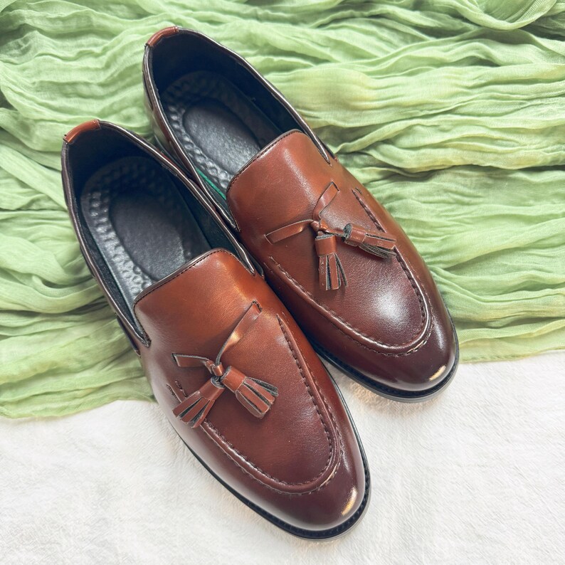 May include: A pair of brown leather tassel loafers with a pointed toe. The loafers are on a white surface with a green fabric in the background.