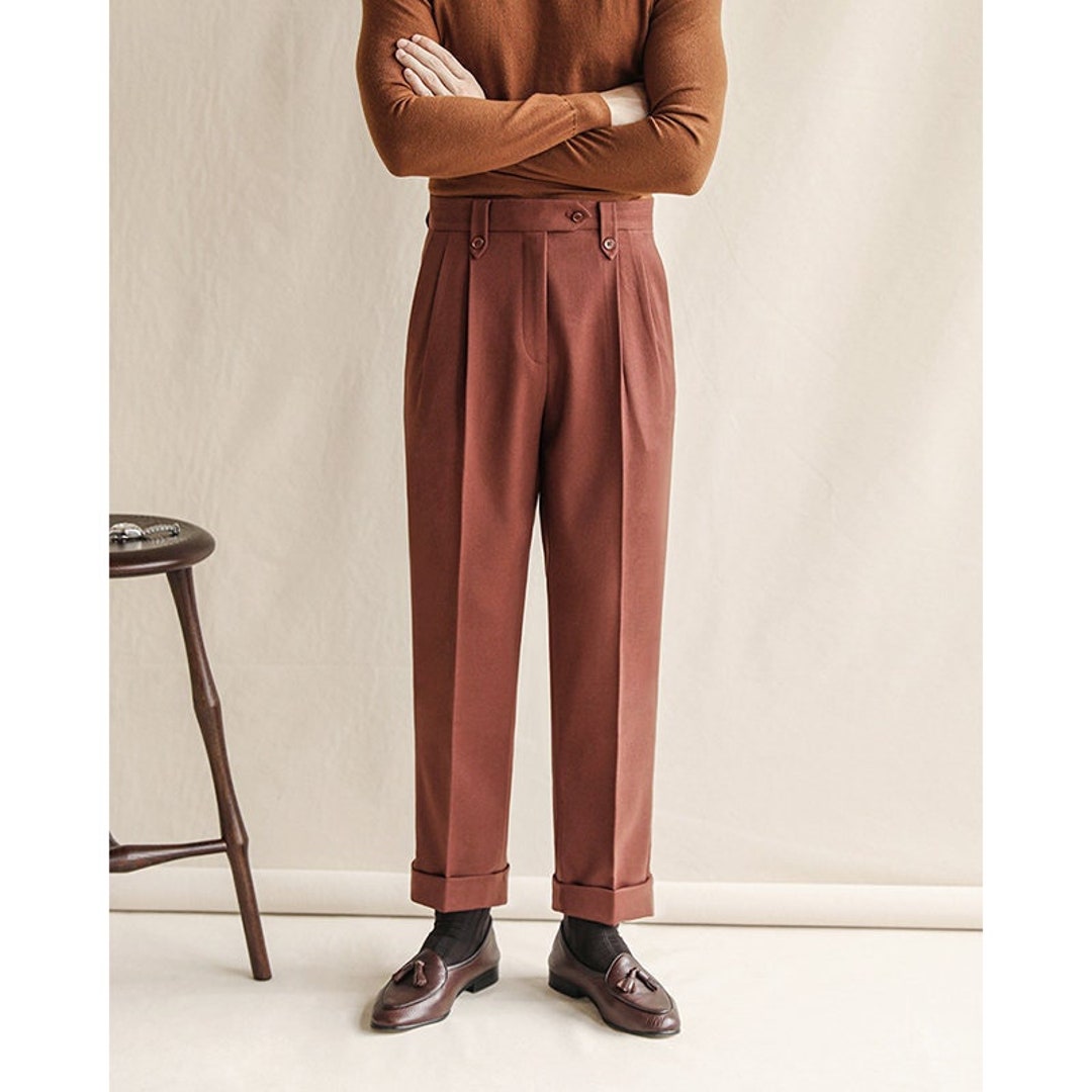 Men Vintage Tweed Pants, Loose Tweed Cotton Pants With Pleats, Autumn ...