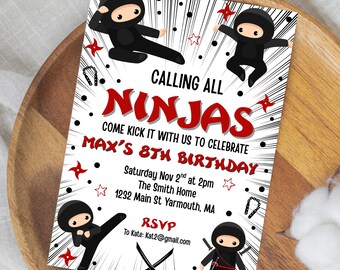 May include: A ninja-themed birthday party invitation with cartoon ninja illustrations in black and red. The invitation reads "Calling All Ninjas" and includes party details for Max's 8th birthday.