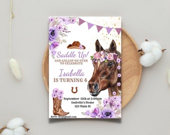 Editable Horse Birthday Invitation Girl Saddle Up Watercolor Cowgirl Party Horse Invite Pink Floral Download Printable Template