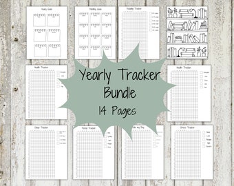 May include: A set of 14-page printable yearly trackers, including goal, reading, health, sleep, and stress trackers. The pages are black and white with grid and checklist layouts. The title "Yearly Tracker Bundle" is displayed in a green starburst.