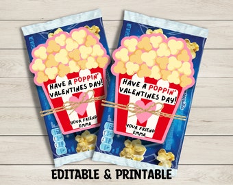 Valentine Popcorn cards, Valentine's Day Stickers, Boy Girl Kids Classroom Labels, Poppin; Valentines Labels, Die-cut popcorn bag card, DIY