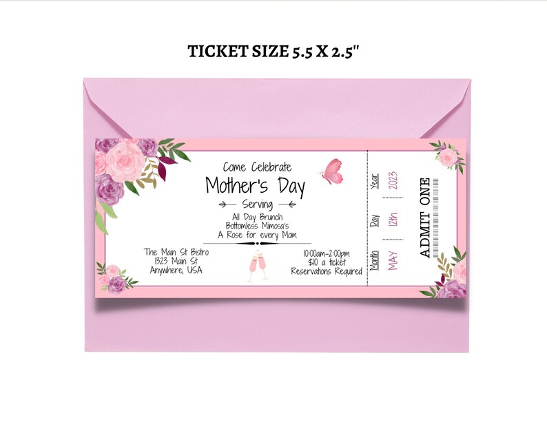 Puede incluir: Una invitaci&oacute;n a un brunch del D&iacute;a de la Madre en un boleto floral rosa y morado. El boleto dice "Ven a celebrar el D&iacute;a de la Madre" e incluye detalles sobre el evento, como la fecha, la hora y el precio. El boleto mide 5,5 pulgadas por 2,5 pulgadas.