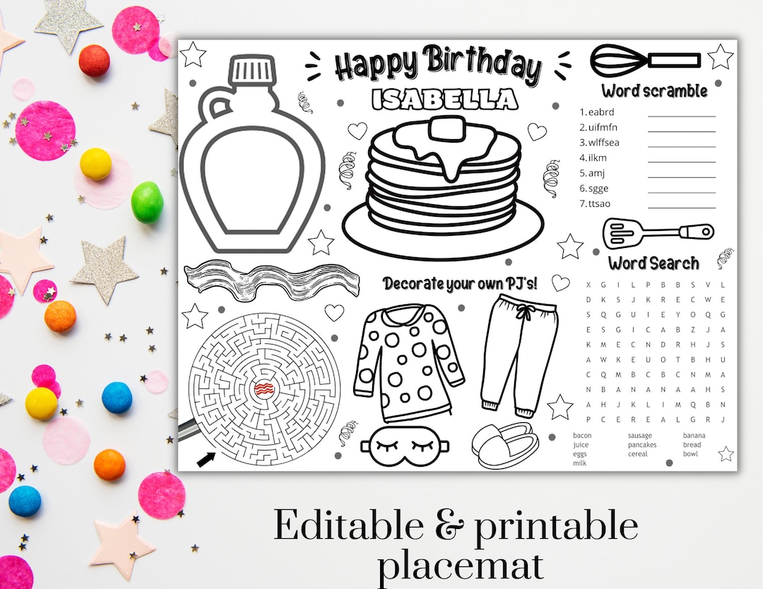 Printable Pancakes and Pajamas Coloring Placemat, Personalized, Digital