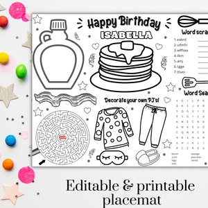 Printable Pancakes and Pajamas Coloring Placemat, Personalized, Digital File, Custom, Pancake Party, PJ Party, Sleepover, Activity Mat