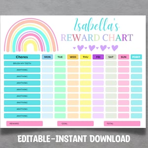 EDITABLE Rainbow Reward Chart, Rainbow Behavior Chart, Pastel Rainbow, Girl Rainbow, Daily Chore Chart, Printable, Digital Template