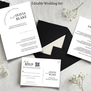 Minimalistische bruiloft uitnodiging bundel QR-code, minimale uitnodiging sjabloon set, moderne uitnodigen Suite, elegante online Rsvp, details kaart AT10