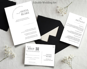 Minimalist Wedding Invitation Bundle Qr Code, Minimal Invitation Template Set, Modern Invite Suite, Elegant Online Rsvp, Details Card AT10