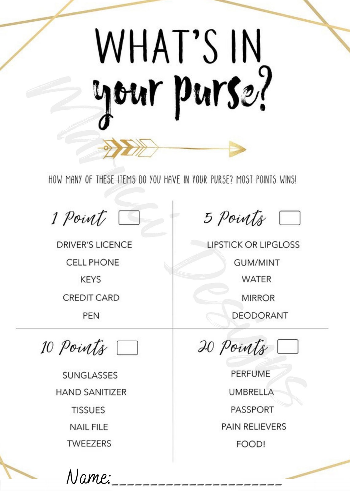 Bridal Shower Games What's in Your Purse Game Printable Etsy