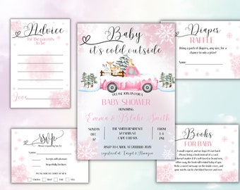 Editable Pink Winter Woodland Deer Bear Baby Shower Invitation Girl Blush Truck Baby It's Cold Outside Invite, baby shower invite
