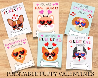 May include: Printable Valentine's Day cards featuring cute cartoon dogs wearing heart-shaped sunglasses. Each card has a different dog breed and a punny message, such as "You are paw-some!" and "You're a grrreat friend!"
