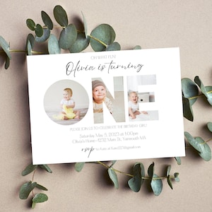 Bearbeitbare erste Geburtstagsfotoeinladung, Fotos in Texteinladung, Minimale Einladung zum 1. Geburtstag, goldene moderne Fotoeinladung, eine Einladung
